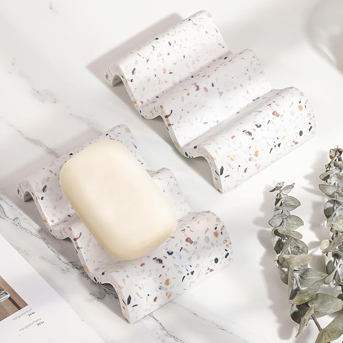 Luxspire Soap Dish for Bar Soap, Marble Shower Soap Dish, Self-draining Soap Tray, Soap Saver for Bathroom Shower Kitchen, Bathroom Soap Holder, Sponge Holder - Terrazzo