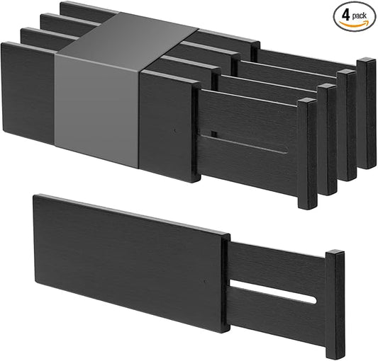 Utoplike Bamboo Dresser Drawer Dividers, 4'' High Adjustable Drawer Organizers for Clothing, Spring Loaded, Works in Kitchen, Bathroom, Bedroom, Desk, 4 PCS, Black