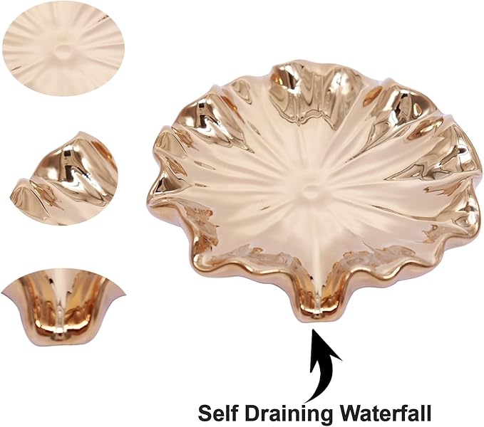 Soap Dish with Drain Ceramic Gold Lotus Leaf Soap Holder Soap Saver for Bar Soap, Kitchen Sink, and Bathroom Shower