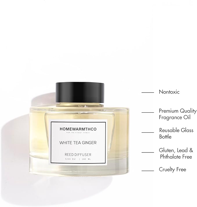 White Tea Reed Diffuser Set - Luxury Fragrance Reed Diffusers for Home, Office & Bathroom Décor - Long-Lasting Scent with Non-Toxic Oils (5.63 oz)