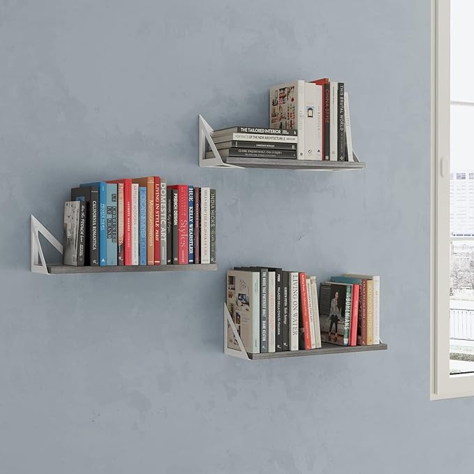 Wallniture Minori Gray Floating Shelves for Wall, Bathroom Shelves Over The Toilet Storage, Wood Wall Shelf for Bedroom, Living Room, Kitchen, Set of 3