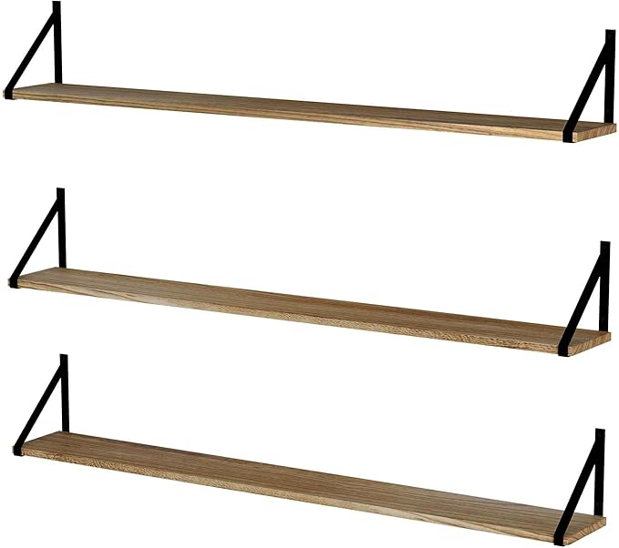 Wallniture Bora Long Floating Shelves, Wall Bookshelf Living Room Decor Book Shelves for Office, Kitchen Organization Bedroom Decor Burnt, 48"x6" Set of 3