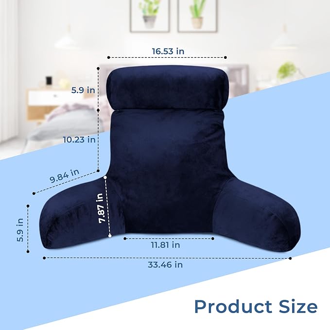 COOLBEBE Reading Pillow for Bed Backrest Pillow for Bed Sitting Up Adult with Arms Navy Back Support Pillow with Headrest & Pockets, Removable Washable Cover and Detachable Neck Roll(Standard 18")
