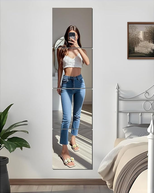 12" x 12" Glass Mirror Tiles for Wall – Frameless Full Length Mirror Wall Mounted, Full Body Mirrors for Bedroom Home Gym Door & Bathroom (4-Pack)