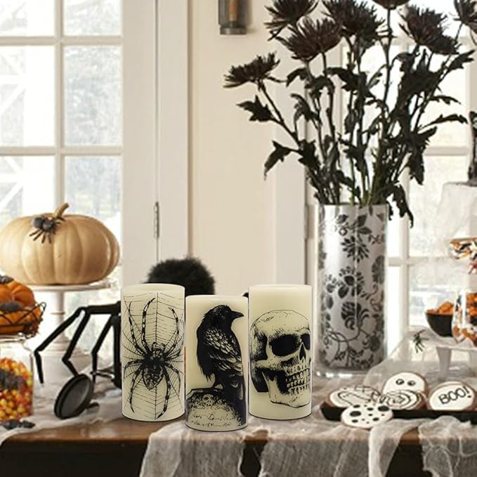 Eldnacele Halloween Flickering Candles with Skull, Spider Web, Crow Raven Decals Set of 3, Battery Operated Halloween Themed LED Candles Horror Spooky Decoration