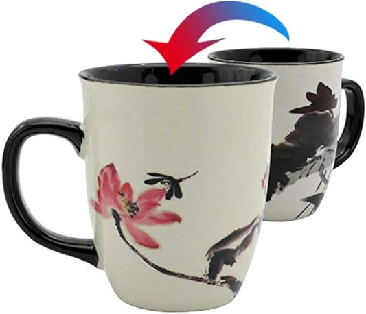 Funny Ceramic Magic Heat Color Changing Art Coffee Tea Mug Lotus Printing Porcelain Mugs for Women Personalized White Green Tea Cup 16 oz Large Coffee Mug for Mom Girl Grandma And Man