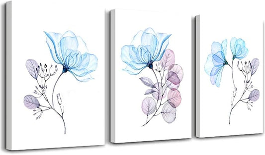 Modern blue flowers Canvas Wall Art for bedroom Living Room,Bathroom Wall Decor,3 Panels Wall Painting Home Decoration kitchen Canvas Print Abstract watercolor flowers and leaves artwork wall mural