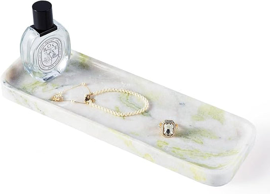 Koville Marble Tray for Bathroom Sink, 12"x4" Natural Stone Vanity Tray for Kitchen Dresser Countertop, Rectangular Decorative Marble Trays for Jewelry Perfume Trinket(Bianco Palomino)