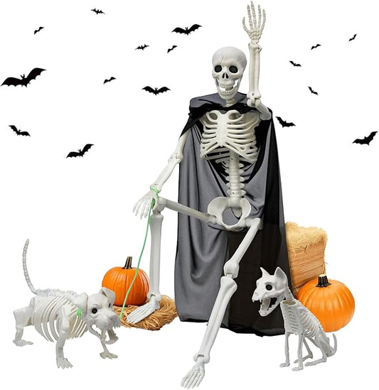 Askill 36" Skeleton Halloween Decorations, 3FT Posable Skeleton with Dog & Cat Skeleton - 5 in 1 Creepy Plastic Movable Joint Skeleton for Halloween Party Yard Decor (36inch)
