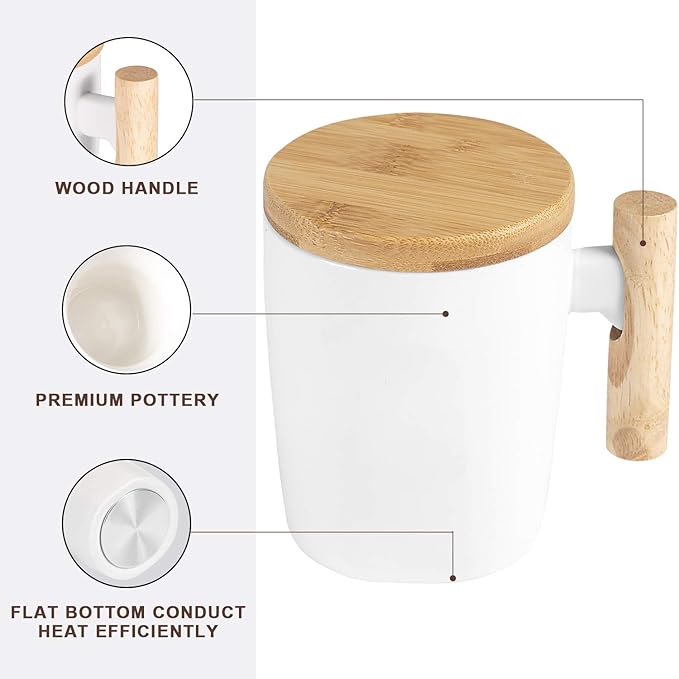 HOWAY Flat Bottom Mug with Wood Lid, Ceramic Tea Cup for Coffee Warmer, Universal, Flat Bottomed, Wooden Handle, 14oz