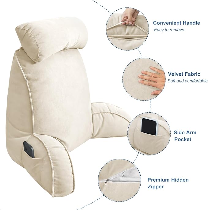 Reading Pillow for Bed Adult Size, Back Pillow for Sitting in Bed, Shredded Memory Foam Bed Chair Pillow with Arms, Pockets, Washable Cover (Beige, Large)
