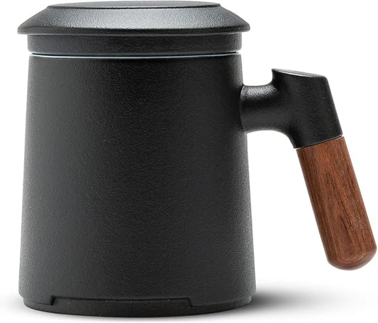 ZENS Tea Cup with Infuser and Lid for Loose Leaf Tea Steeper, 12oz Black Tea Mug with Fine Tea Strainers for Hot Tea Diffusers, Wood Handle Ceramic Tea Mugs Accessories for Tea Lovers Gifts