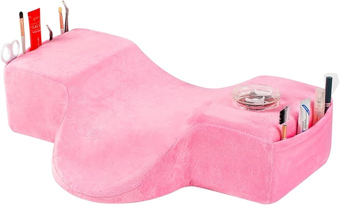 Salon Eyelash Extension Neck Pillow Memory Foam Lash Pillow with Neck and Back Support,Ergonomic lash Bed Pillow with Velvet Pillowcase Beauty Lash Pillow for Lash Extensions(Pink)