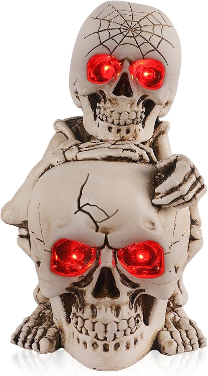 Halloween Skull Decor Resin Skeleton Head Stack Solar Garden Statue Unique Garden Decor for Outside Yard Porch Lawn, Ideal