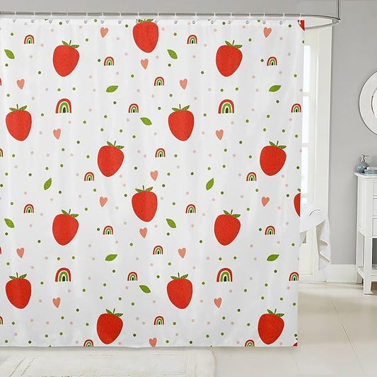 Feelyou Strawberry Shower Curtain Fruits Fabric Shower Curtain for Kids Boys Girls Rainbow Green and Pink Dots Bathroom Waterproof Accessories with 12 Hooks White and Red Curtains,72X72 Inches