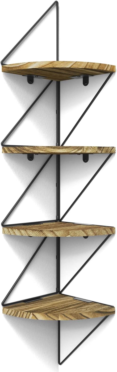 SZQINJI Wall Mount Corner Shelf 4-Tier Rustic Wood Floating Shelves Wall Hanging Shelves for Bathroom Bedroom Living Room Kitchen Office and More Carbonized Black