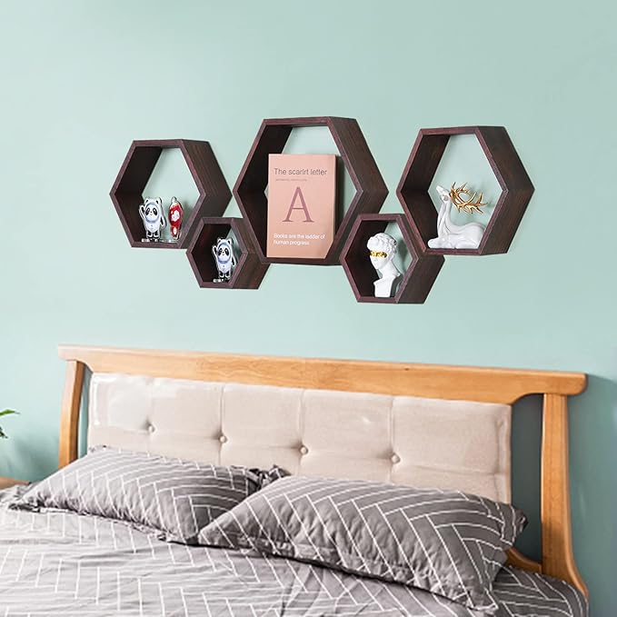 PHOENANCEE Hexagon Floating Shelves,Wall Mounted Wood Farmhouse Storage Honeycomb Wall Shelf Set of 5,for Bathroom, Kitchen, Bedroom, Living Room,Office,Driftwood Finish (Walnut)