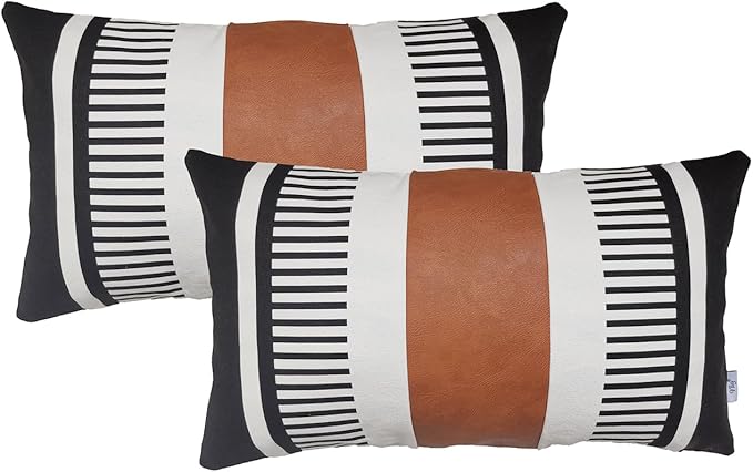 Boho Striped Lumbar Pillow Covers 12x20 inch, Modern Leather Couch Pillowcase,Farmhouse Home Decor, Black (Pack of 2, Cover ONLY)