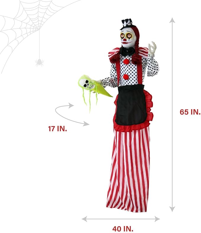 Haunted Hill Farm Life-Size Scary Talking Clown Girl, Creepy Halloween Prop with Touch Activated Lights, Poseable, Battery Operated Indoor or Covered Outdoor Halloween Decorations