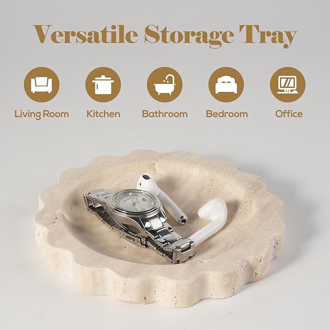 Koville Travertine Jewelry Dish, 5.51" Round Trinket Dish for Ring Necklace Earring Perfume, Natural Stone Decorative Tray for Countertop Bathroom Kitchen Dresser, Beige Travertine Tray