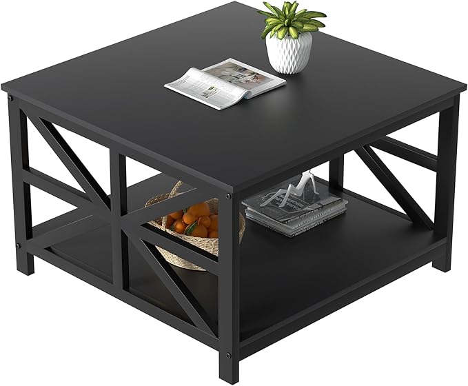 GreenForest Coffee Table with Storage for Living Room, Small Square Center Tables with Seamless One-Piece Tabletop Farmhouse Style, Black