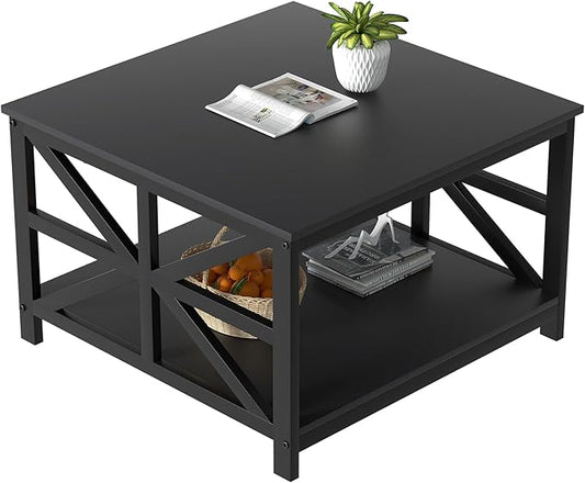 GreenForest Coffee Table with Storage for Living Room, Small Square Center Tables with Seamless One-Piece Tabletop Farmhouse Style, Black