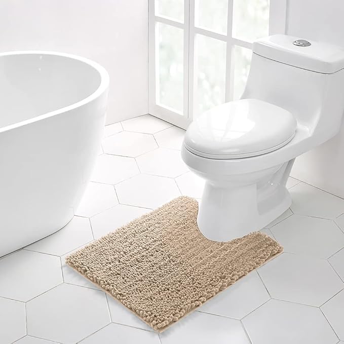 Walensee Bathroom Rug 2 Pieces Set Non Slip Bath Mat (20"x32" Plus 20"x24" U Beige) Water Absorbent Super Soft Shaggy Chenille Machine Washable Dry Extra Thick Perfect Carpet for Shower Floor