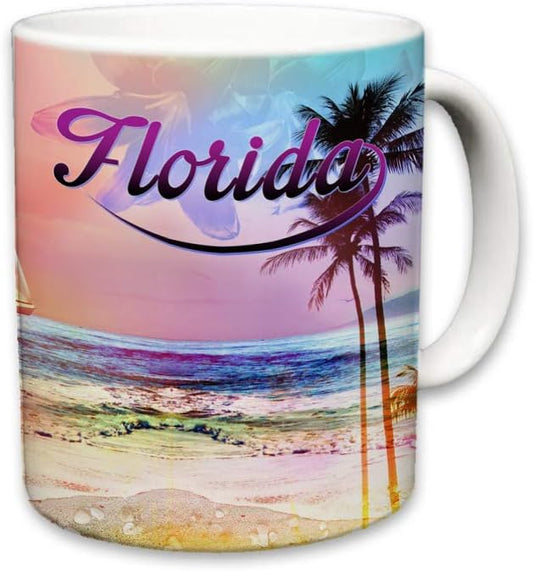 Sweet Gisele | Tropical Florida Beach Mug | Ceramic Coffee Cup Souvenir | Colorful Floral Design | Shoreline View Mugs | Beautiful Palm Tree Accents | Great Novelty Gift | 11 Fl. Oz (Multicolored)