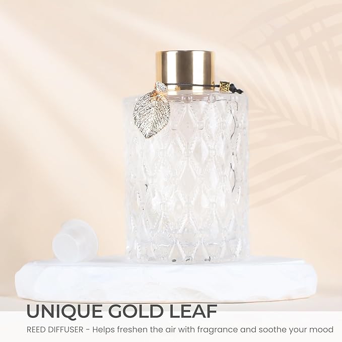 4Pcs Reed Diffuser Set with Metal Golden Decoration, 6oz Empty Reed Diffuser Bottles with 20Pcs Reed Diffuser Sticks, Unique Design Bottles for Home and Office (Large Cylinder)