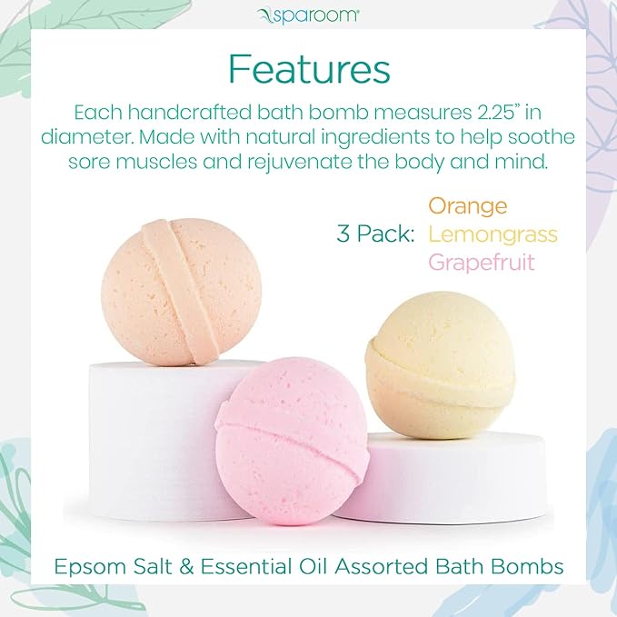 SpaRoom Soothe and Relax Handmade Natural Essential Oil Aromatherapy Bath Bombs, Set of 3, Orange, Lemongrass and Grapefruit