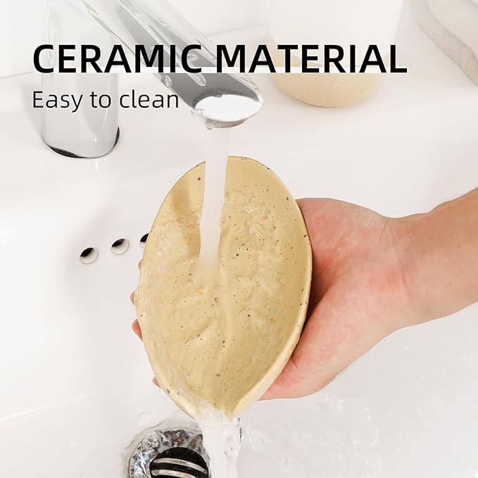 Soap Holder, Self Draining Soap Dishes 2PCS, Leaf Shape Ceramic Bar Soap Holder Drain Soap Dishes for Bathroom Sink Shower Kitchen, Easy to Clean Keeps Soap Dry, ANTIS'S HOME