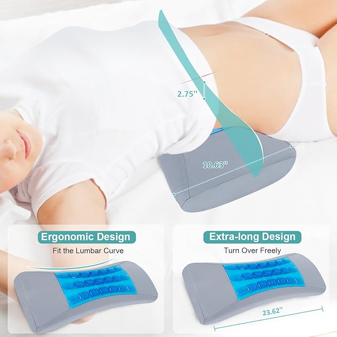 Cooling Lumbar Support Pillow for Bed Relief Lower Back Pain: Memory Foam Back Pillow for Sleeping - Gel Waist Wedge Pillow Side&Back and Stomach Sleepers - Lumbar Pillow for Office Chair/Couch/Car
