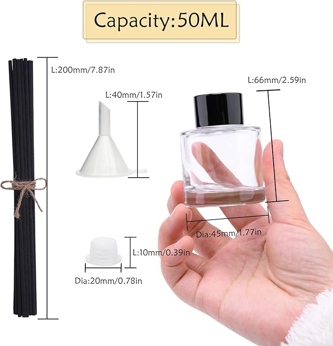 4PCS Refillable Fragrance Glass Diffuser Bottles with 20pcs Reeds Sticks & Black Caps & Funnel, Diffuser Jars for Home Oil Fragrance Decoration Girl Women Gift (50ML)