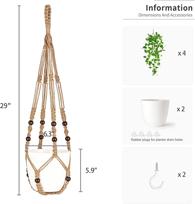 Mkono 2 Packs Fake Hanging Plant with Pot, Artificial Plants for Home Decor Indoor Macrame Plant Hanger with Faux Vine Hanging Planter Greenery for Bedroom Bathroom Office Decor, Brown (Pothos)