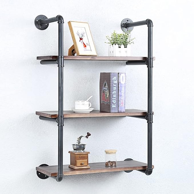 Industrial Pipe Shelving Wall Mounted,24in Rustic Metal Floating Shelves,Steampunk Real Wood Book Shelves,Wall Shelf Unit Bookshelf Hanging Wall Shelves,Farmhouse Kitchen Bar Shelving(3 Tier)