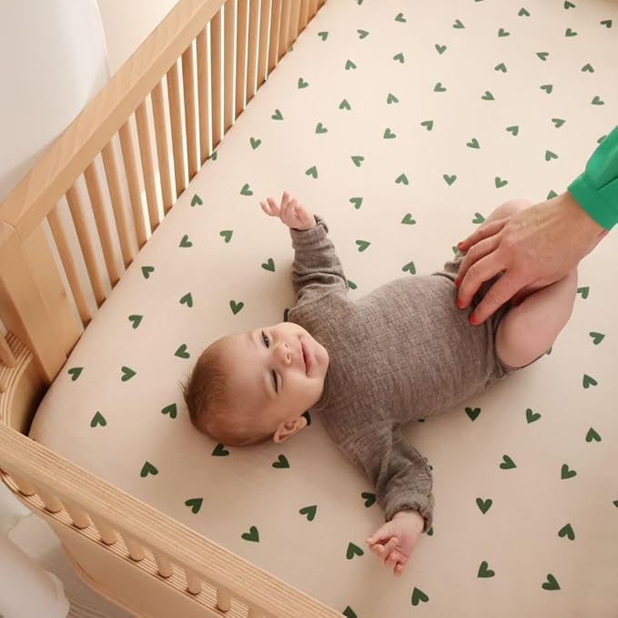 Denmark - Super Soft Muslin Mini Crib Sheets - 24'' x 38'' - 100% Organic Baby Crib Sheets for Boys and Girls (Green Hearts)