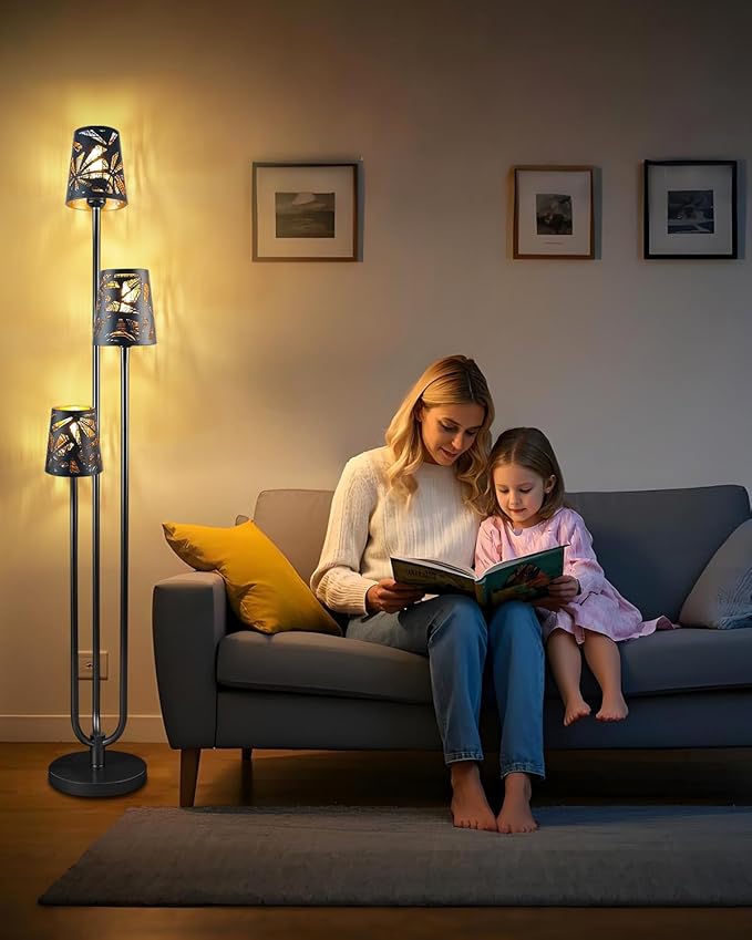 63IN Floor Lamp with Metal Shade, Unique 3 Black Poles Tall Standing Lamps, 3000K Warmwhite Mid Century Modern Floor Lamp for Living Room Home Office(Bulbs Included)
