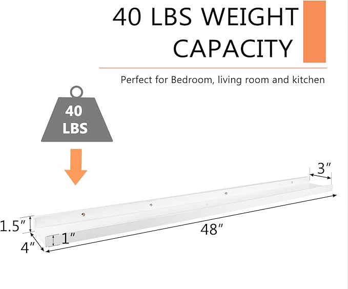 48 Inch White Long Floating Shelves Wall Mounted Set of 2, Solid Oak Wood Shelf for Storage, Rustic Hanging Shelves for Display, Bedroom Living Room Bathroom Kitchen, 48 * 4 * 1.5