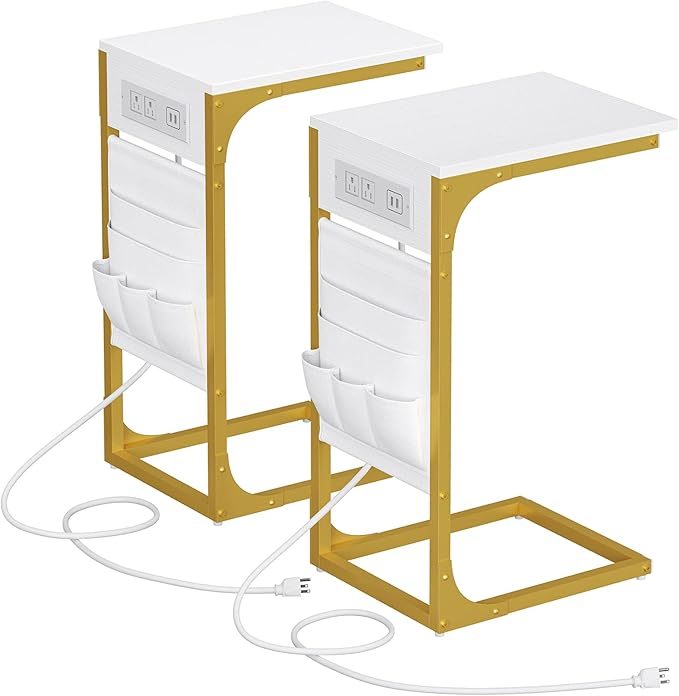 TUTOTAK C Shaped End Table with Charging Station, Side Table for Sofa, Couch Table with Storage Bag, Set of 2, TV Tray Table with 2 USB Ports and Outlets for Living Room, Bedroom, TB01BWG0242