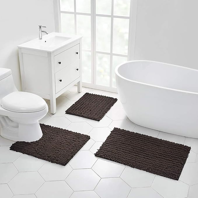 Walensee Large Bathroom Rug Non Slip Bath Mat (24x60 Inch Brown) Water Absorbent Super Soft Shaggy Chenille Machine Washable Dry Extra Thick Perfect Absorbant Best Plush Carpet for Shower Floor