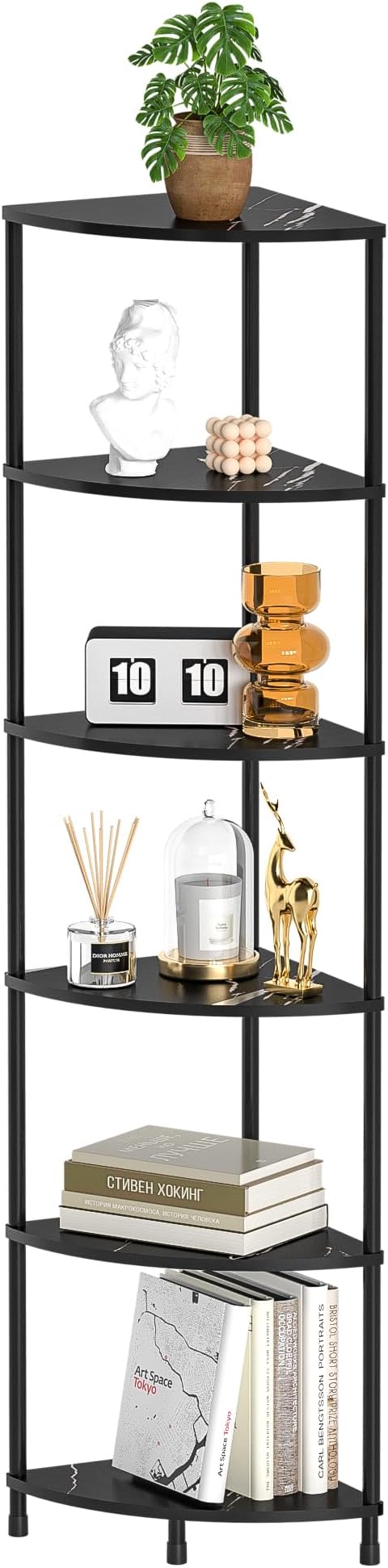 Book Shelf Corner Shelf, 6 Tier Corner Bookshelf Display for Living Room Decor, 54.4" Standing Shelves Bookcase Organizer, Marble Black Storage Shelves for Bedroom, Bathroom, Small Space