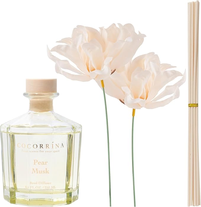 COCORRÍNA Reed Diffuser - Pear Musk 8.5oz Flower Reed Diffuser Set with 8 Sticks, Home Fragrance Reed Diffuser for Home Bedroom Office Bathroom Shelf Decor (Master Collection)