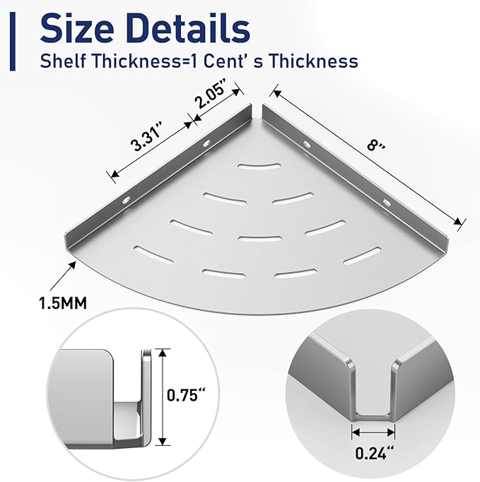 2 Pack Corner Shower Shelves 304 Stainless Steel Brushed Nickel Bathroom Corner Shower Shelf 8 in Drilling Installation
