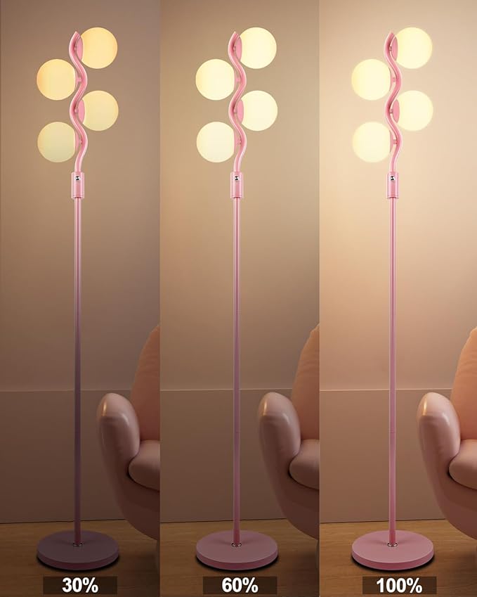 60IN Dimmable (Brightness Adjustable) Pink Pole Floor Lamp, Modern Standing Lamps with 4 Globe Soft Warm White 3000K Bulbs, Mid Century Floor Lamp for Living Room Bedroom Home Decor