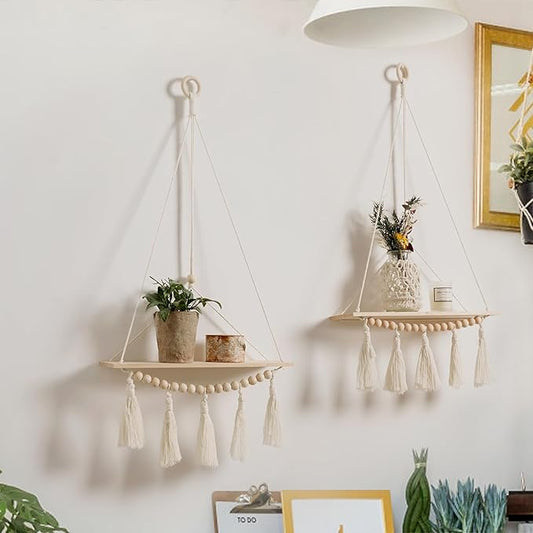Artilady Macrame Wall Hanging Shelf - 2 Pack Wood Shelves Boho Wall Shelf Decor with Tassels & Wooden Beads, Rustic Floating Shleves Plant Aesthetic Room Decor for Teen Girls