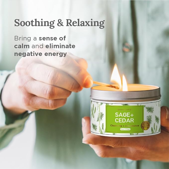 Magnificent 101 Long Lasting Sage + Cedar Smudge Candle | 6 Oz - 35 Hour Burn | Soy Wax Candle for Energy Cleansing & Manifestation | Let Abundance Flow Like an Endless River
