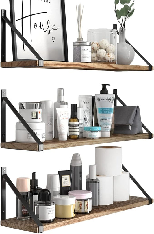 Wallniture Bora Floating Shelves for Wall, 24"x6" Bathroom Storage Shelves, Rustic Wood Shelf Set of 3, Burned Finish