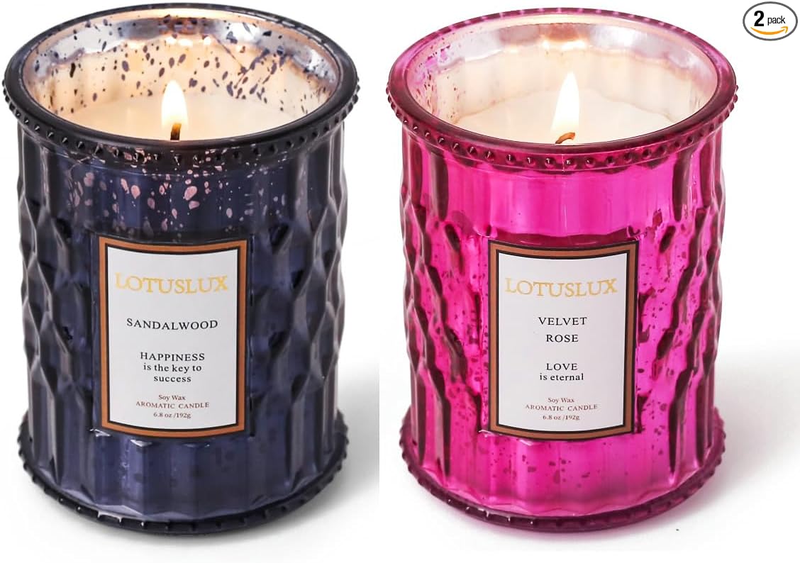 Scented Aromatherapy Luxury Candle - Natural Soy Coconut Wax with Essential Oils, 6.8oz for Home Decor, Relaxation, and Spa Gifts with 45 Hour Burn Time 2 Pack (Sandlewood+Velvet Rose)