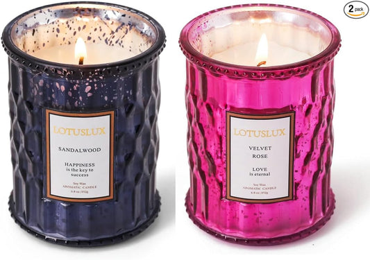 Scented Aromatherapy Luxury Candle - Natural Soy Coconut Wax with Essential Oils, 6.8oz for Home Decor, Relaxation, and Spa Gifts with 45 Hour Burn Time 2 Pack (Sandlewood+Velvet Rose)