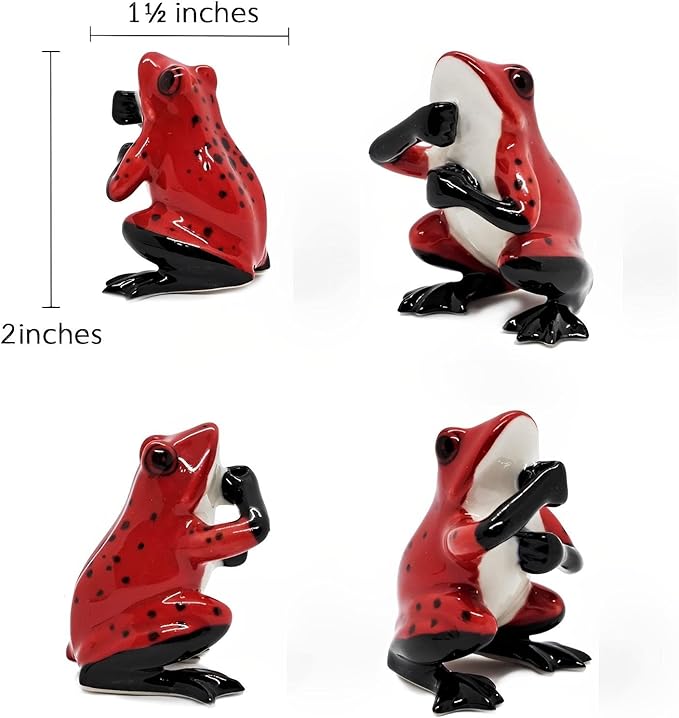 Tiny 2" High Red Black Frog On 4" Wide Lotus Leaf Incense Holder - Ceramic Incense Stick Tray Porcelain Miniature Handmade Animals Figurine Display Cute Mini Colorful Décor Gift